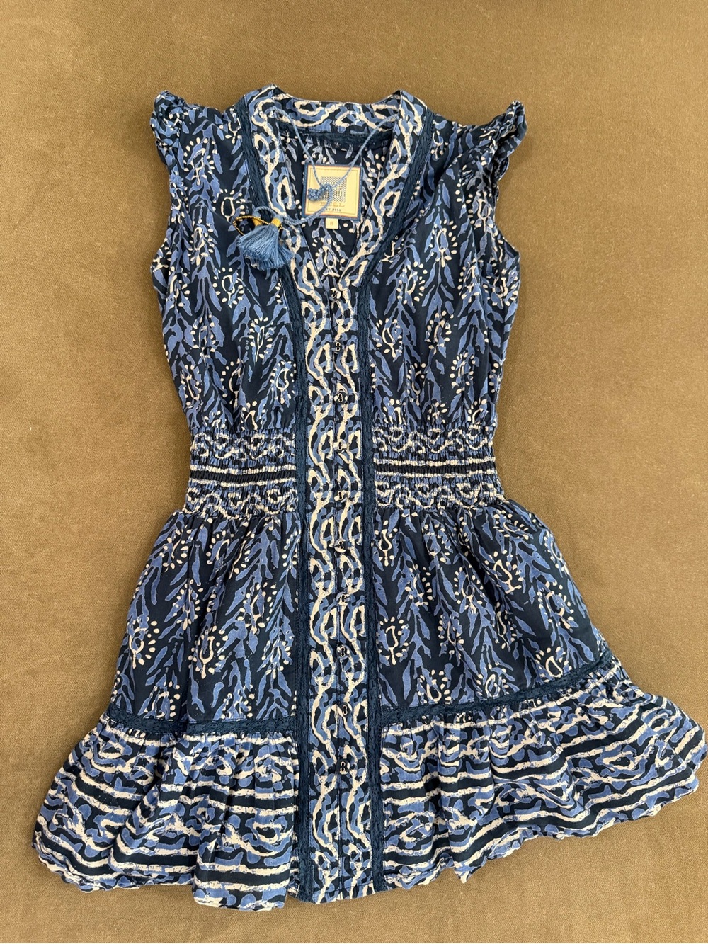 Girls Blue Patterned Smocked Waist Romper Dress